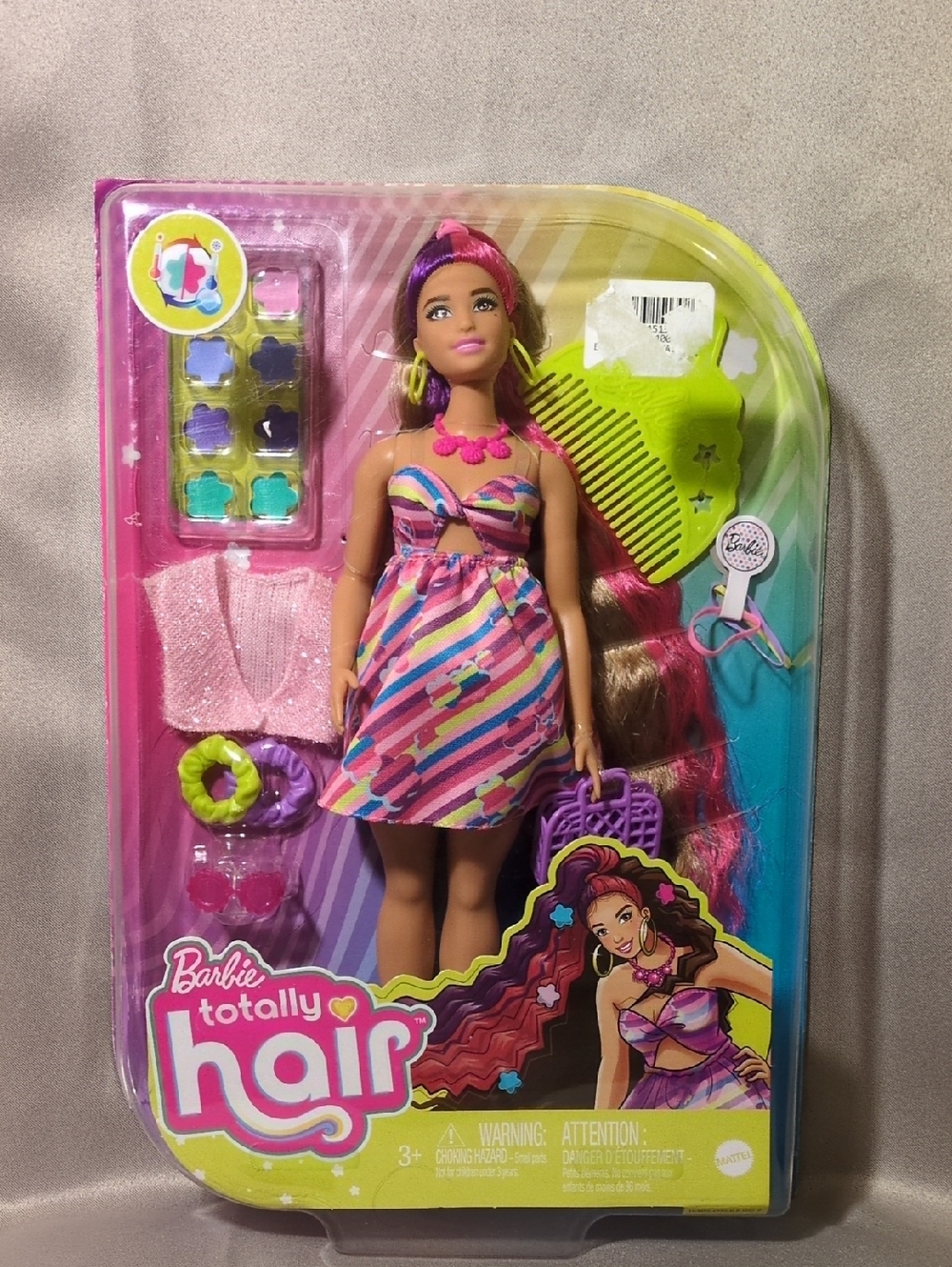 Barbie Totally Hair Play Doll with Pink and Multi-Color Striped Dress